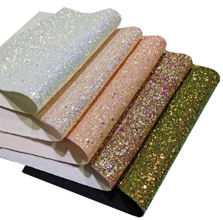 Sparkly Shiny Synthetic Vinyl PU Glitter Fabric Sheets Chunky Faux Leather For Shoes Bags Bow Crafts
